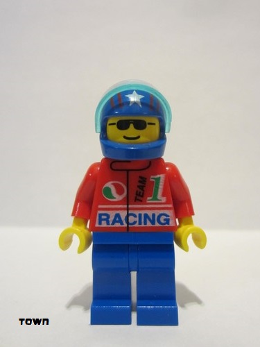 lego 1996 mini figurine oct027 Octan Racing, Blue Legs, Blue Helmet 4 Stars & Stripes, Trans-Light Blue Visor 