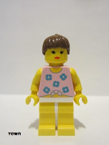 lego 1996 mini figurine par054 Citizen Blue Flowers - Yellow Legs, Brown Ponytail Hair 