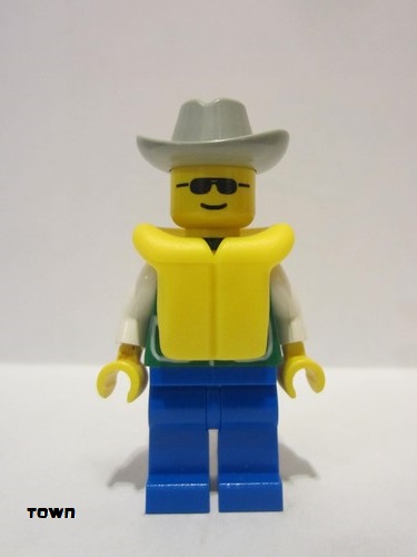 lego 1996 mini figurine pck012 Citizen Jacket Green with 2 Large Pockets - Blue Legs, Light Gray Cowboy Hat, Life Jacket 