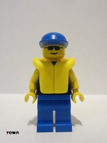lego 1996 mini figurine pln097 Citizen Plain Black Torso with Yellow Arms, Blue Legs, Sunglasses, Blue Cap, Life Jacket 