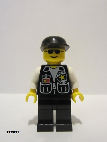 lego 1996 mini figurine soc045 Police Sheriff Star and 2 Pockets, Black Legs, White Arms, Black Cap, Black Sunglasses 
