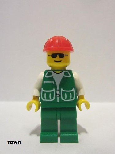 lego 1996 mini figurine trn074 Citizen Jacket Green with 2 Large Pockets - Green Legs, Red Construction Helmet 