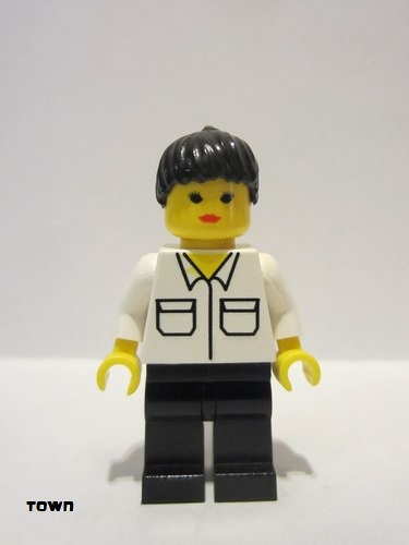 lego 1996 mini figurine twn016 Citizen Shirt with 2 Pockets, Black Legs, Black Ponytail Hair 