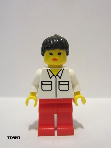 lego 1996 mini figurine vel002 Citizen Shirt with 2 Pockets, Red Legs, Black Ponytail Hair 