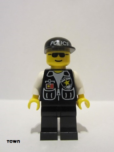 lego 1997 mini figurine cop044 Police Sheriff Star and 2 Pockets, Black Legs, White Arms, Black Cap with Police Pattern, Black Sunglasses 