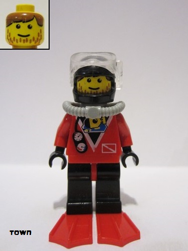 lego 1997 mini figurine div015a Divers Red diver 2, Black Legs with Red Hips, Black Helmet, Brown Bangs, Stubble, Red Flippers 