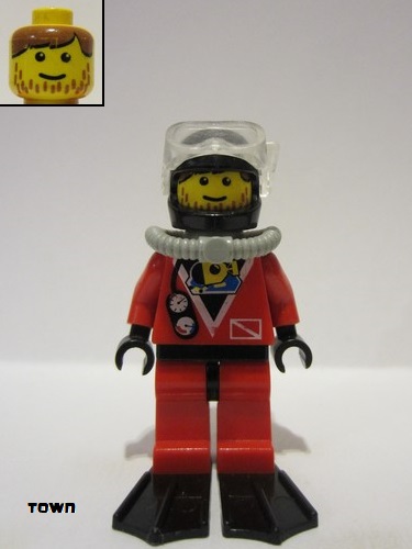 lego 1997 mini figurine div016 Divers Red Diver 2, Red Legs with Black Hips, Black Helmet, Brown Bangs, Stubble 