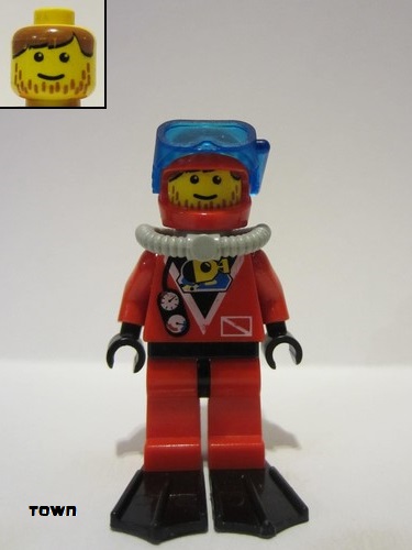 lego 1997 mini figurine div017b Divers Red Diver 1, Red Legs with Black Hips, Red Helmet, Light Gray Scuba Tank, Flippers 