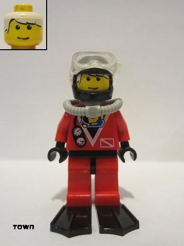 lego 1997 mini figurine div018a Divers Red Diver 2, Red Legs with Black Hips, Black Helmet, White Bangs, Black Flippers 