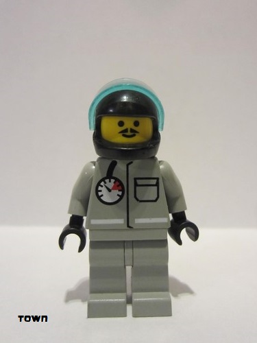 lego 1997 mini figurine firec013 Fire Air Gauge and Pocket, Light Gray Legs, Moustache, Black Helmet, Trans-Light Blue Visor 