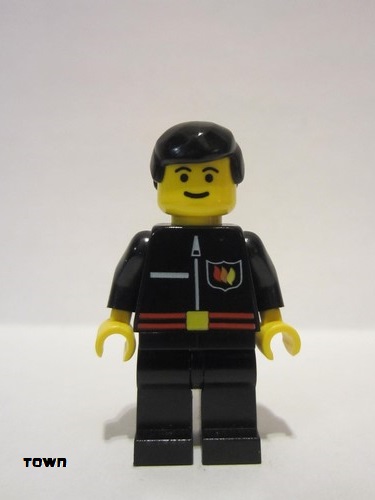 lego 1997 mini figurine firec020 Fire Flame Badge and Straight Line, Black Legs, Black Male Hair 