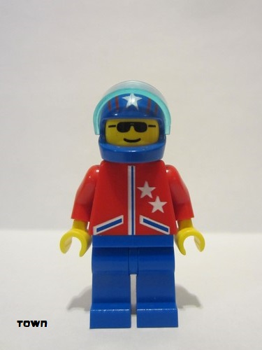 lego 1997 mini figurine jstr005 Citizen Jacket 2 Stars Red - Blue Legs, Blue Helmet 4 Stars & Stripes, Trans-Light Blue Visor 
