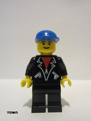 lego 1997 mini figurine lea004 Citizen Leather Jacket with Zippers - Black Legs, Blue Cap, Eyebrows 
