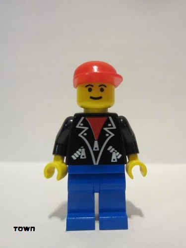 lego 1997 mini figurine lea006 Citizen Leather Jacket with Zippers - Blue Legs, Red Cap, Eyebrows 