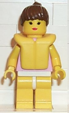 lego 1997 mini figurine par007 Citizen Gray and White Collar - Yellow Legs, Brown Ponytail Hair, Life Jacket 