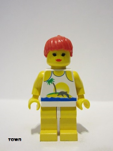 lego 1997 mini figurine par023 Citizen Island with Palm and Sun - Yellow Legs, Red Ponytail Hair 