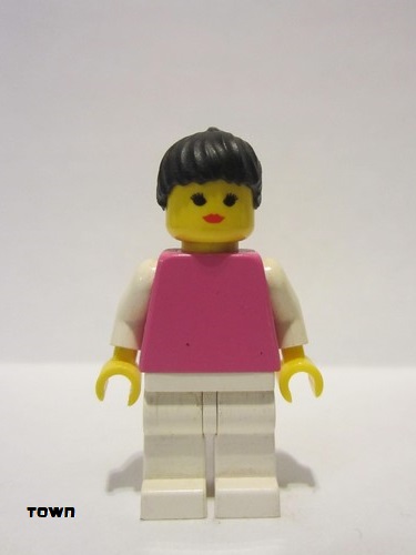 lego 1997 mini figurine par041 Citizen Plain Dark Pink Torso with White Arms, White Legs, Black Ponytail Hair 