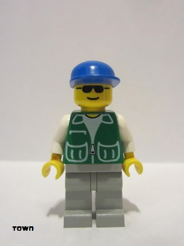 lego 1997 mini figurine pck023 Citizen Jacket Green with 2 Large Pockets - Light Gray Legs, Blue Cap 