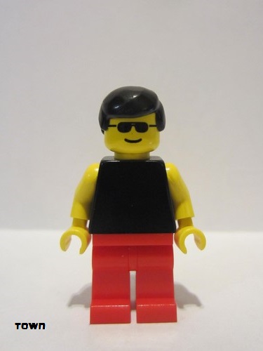 lego 1997 mini figurine pln096 Citizen Plain Black Torso with Yellow Arms, Red Legs, Sunglasses, Black Male Hair 
