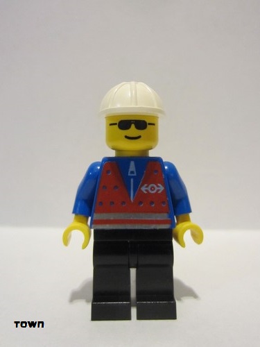 lego 1997 mini figurine trn056 Citizen Red Vest and Zipper - Black Legs, White Construction Helmet, Sunglasses 