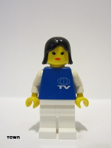 lego 1997 mini figurine tv001 Citizen TV Logo Small Pattern, White Legs, Black Female Hair 