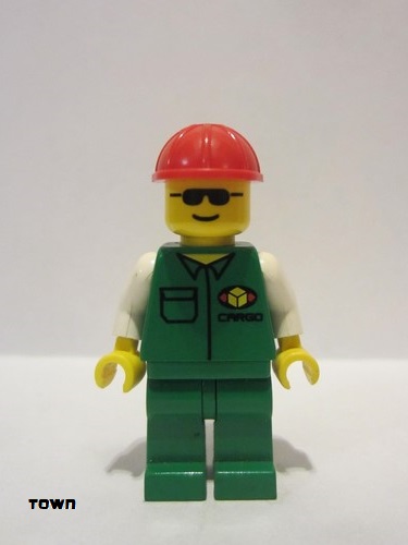 lego 1998 mini figurine car002 Cargo Green Shirt, Green Legs, Red Construction Helmet 