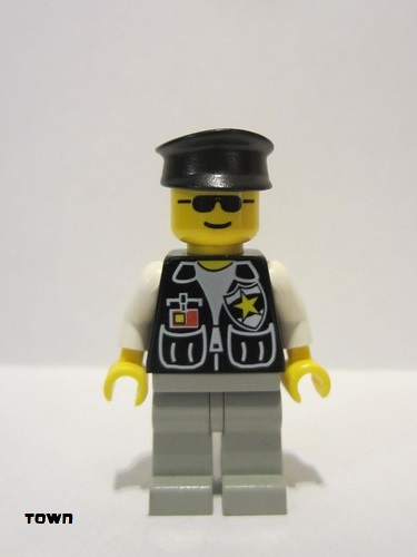 lego 1998 mini figurine cop028 Police Sheriff Star and 2 Pockets, Light Gray Legs, White Arms, Black Hat 