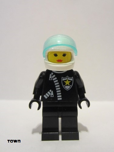 lego 1998 mini figurine cop029 Police Zipper with Sheriff Star, White Helmet, Trans-Light Blue Visor, Female 