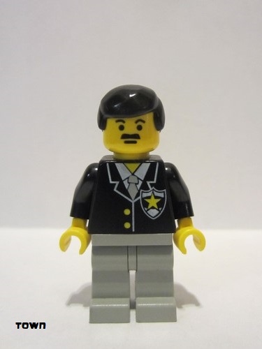 lego 1998 mini figurine cop035 Police Suit with Sheriff Star, Light Gray Legs, Black Male Hair 