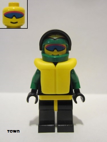 lego 1998 mini figurine ext005 Extreme Team Green, Black Legs with Yellow Hips, Green Flame Helmet, Life Jacket 