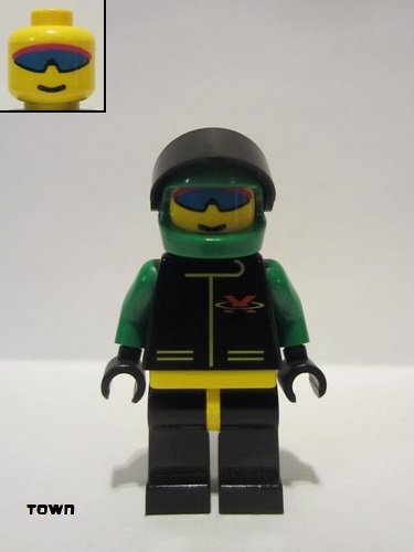 lego 1998 mini figurine ext006 Extreme Team Green, Black Legs with Yellow Hips, Green Helmet Plain 
