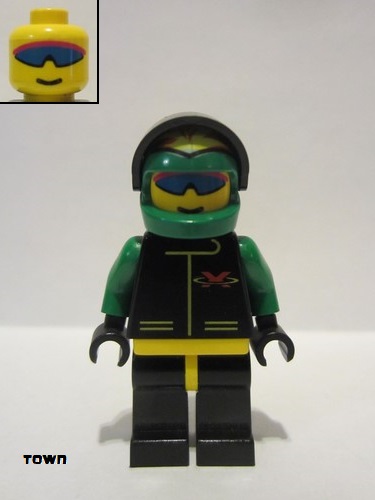 lego 1998 mini figurine ext018 Extreme Team Green, Black Legs with Yellow Hips, Green Flame Helmet 