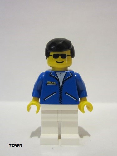 lego 1998 mini figurine jbl012 Citizen Jacket Blue - White Legs, Black Male Hair, Sunglasses 