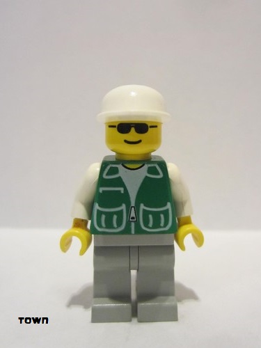 lego 1998 mini figurine pck013 Citizen Jacket Green with 2 Large Pockets - Light Gray Legs, White Cap 