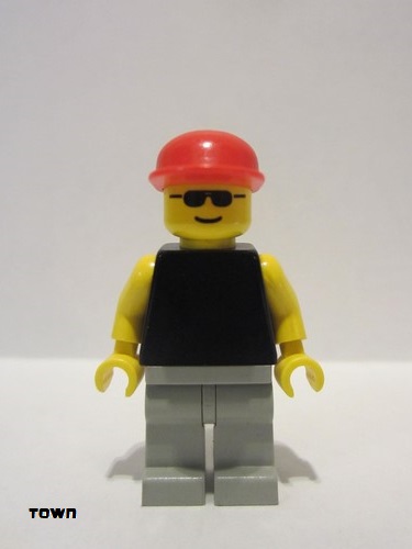 lego 1998 mini figurine pln012 Citizen Plain Black Torso with Yellow Arms, Light Gray Legs, Sunglasses, Red Cap 
