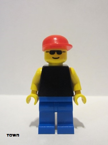 lego 1998 mini figurine pln014 Citizen Plain Black Torso with Yellow Arms, Blue Legs, Sunglasses, Red Cap 