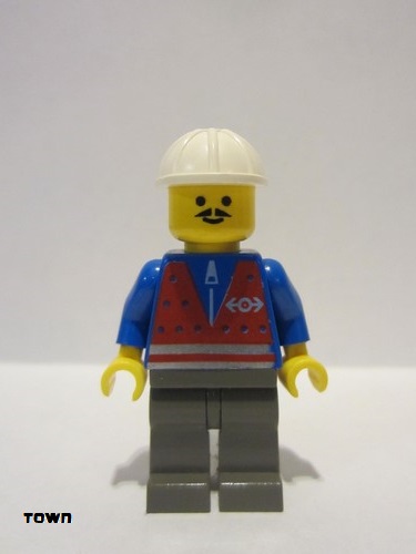 lego 1998 mini figurine trn055 Citizen Red Vest and Zipper - Dark Gray Legs, White Construction Helmet, Moustache 