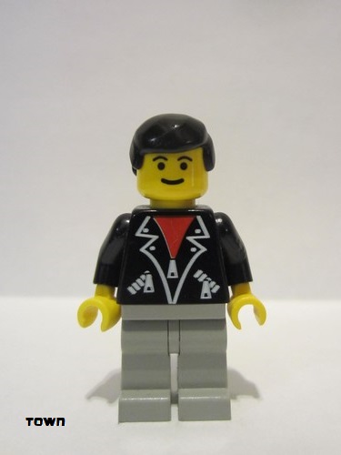 lego 1998 mini figurine trn085 Citizen Leather Jacket with Zippers - Light Gray Legs, Black Male Hair 