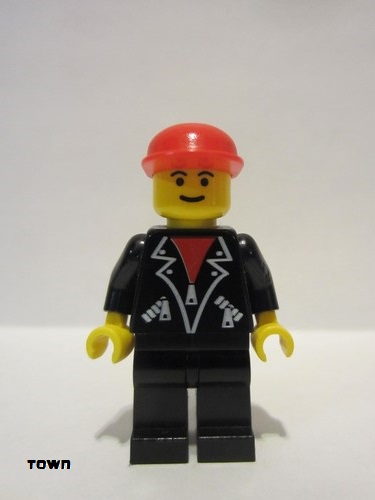 lego 1998 mini figurine trn086 Citizen Leather Jacket with Zippers - Black Legs, Red Cap 