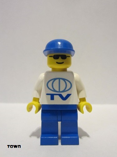 lego 1998 mini figurine tv003 Citizen TV Logo Large Pattern, Blue Legs, Blue Cap, Sunglasses 