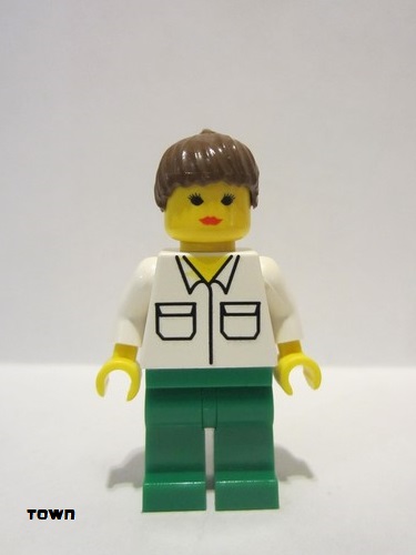 lego 1998 mini figurine twn014 Citizen Shirt with 2 Pockets, Green Legs, Brown Ponytail Hair 