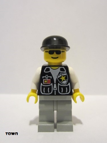 lego 1999 mini figurine cop057 Police Sheriff Star and 2 Pockets, Light Gray Legs, White Arms, Black Cap, Black Sunglasses 