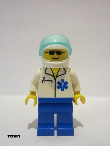 lego 1999 mini figurine doc017 Doctor EMT Star of Life, Blue Legs, White Helmet, Trans-Light Blue Visor 