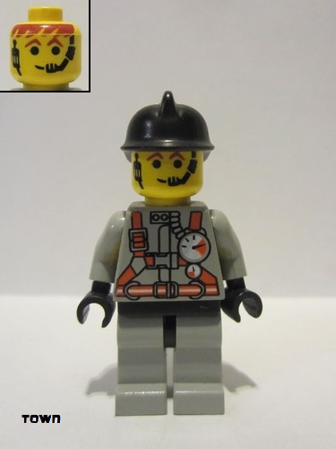 lego 1999 mini figurine fire008 Fire City Center 3, Light Gray Legs with Black Hips, Black Fire Helmet 