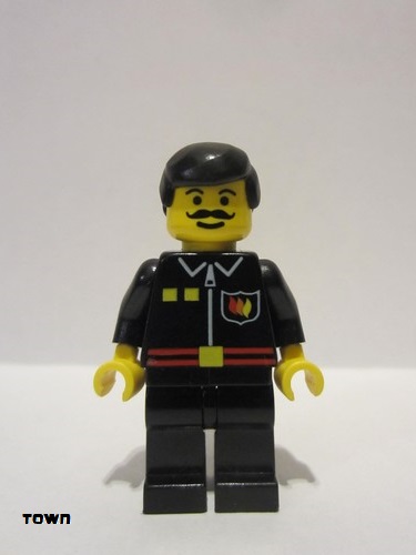 lego 1999 mini figurine firec023 Fire Flame Badge and 2 Buttons, Black Legs, Black Male Hair 