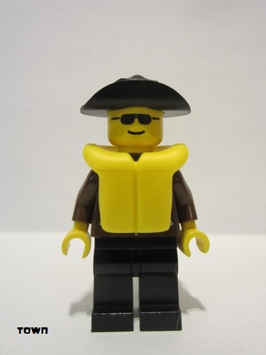 lego 1999 mini figurine jbr014 Citizen Jacket Brown - Black Legs, Black Wide Brim Hat, Life Jacket 