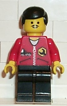 lego 1999 mini figurine rep001 Repair Red Shirt with Zipper and Wrench Pattern, Black Legs, Black Male Hair 