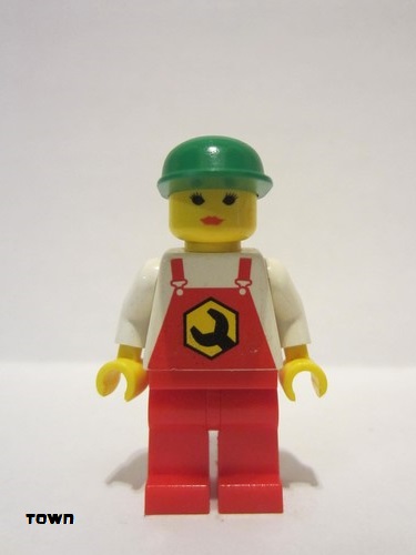 lego 1999 mini figurine rep002 Repair Overalls Red with Wrench Pattern, Red Legs, Green Cap, Female 