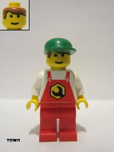 lego 1999 mini figurine rep003 Repair Overalls Red with Wrench Pattern, Red Legs, Green Cap, Male 