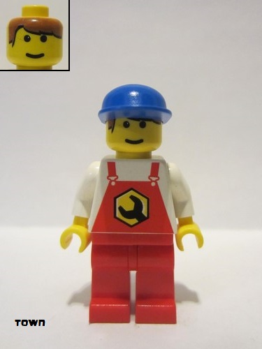 lego 1999 mini figurine rep004 Repair Overalls Red with Wrench Pattern, Red Legs, Blue Cap 